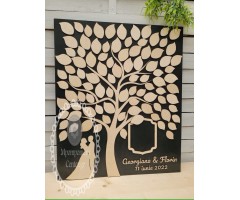 Ευχολόγιο γάμου κάδρο ξύλινο με δέντρο & ζευγάρι που γράφεις στα φύλλα του ο κάθε καλεσμένος