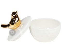 Μπομπονιέρα  Φοντανιέρα κεραμική με πουλάκι στο καπάκι Φ6,5Χ7 εκ. λευκό-χρυσό