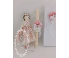 Πασχαλινή λαμπάδα κούκλα με τούλινο φόρεμα - εξ ολοκλήρου χειροποίητη - σε ροζ - χρυσό αποχρώσεις